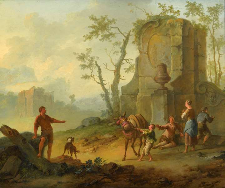 "A Classical Landscape with a Family Resting by the Ruins of a Fountain, a Man with a Pack-Donkey Passing by" & "A Classical Landscape with a Family Resting by the Ruins, a Boy Struggling with an Obstinate Pack Mule"